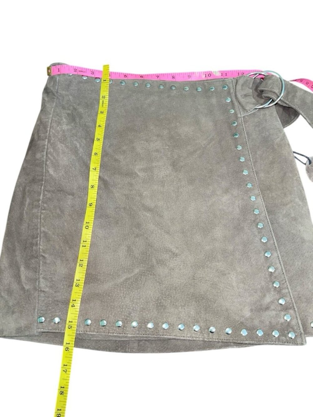 FOREVER 21 Women's Size Small 100% Leather Studded Faux Wrap Skirt Olive Green - Picture 3 of 10